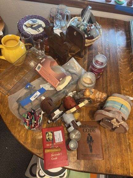 Decor items, bar serving items, kitchenwares, figurines, candles image