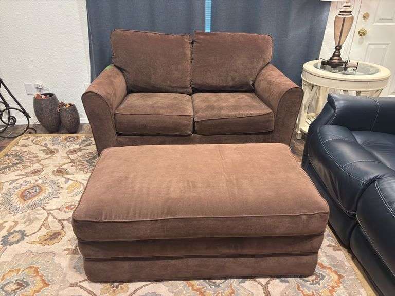 Lazy boy brown loveseat and storage ottoman on wheels image