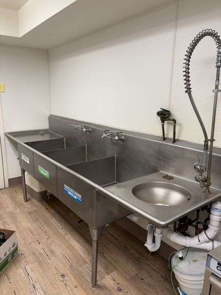 Commercial Stainless 4 station sink 119x30x35, will be unhooked for pickup image