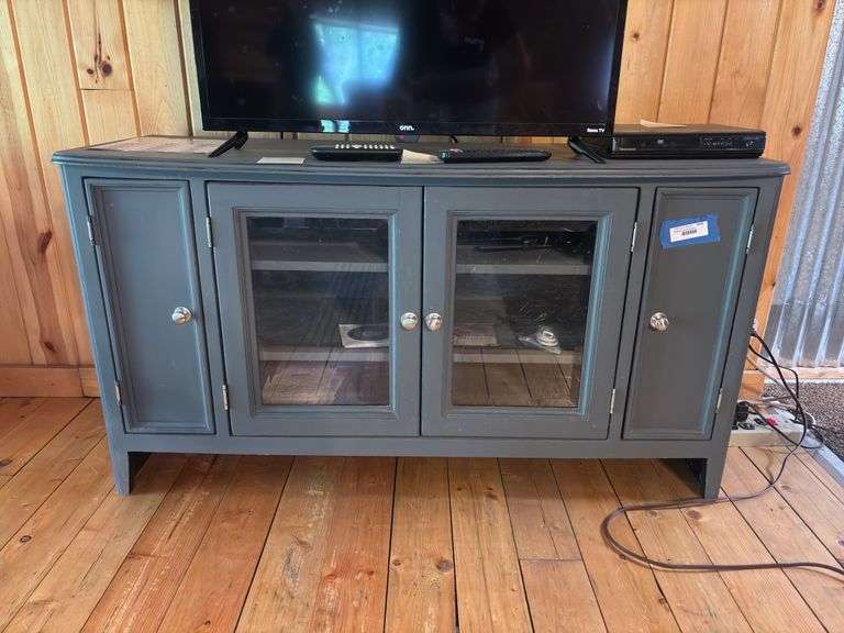 Matte blue/gray entertainment stand with glass doors image