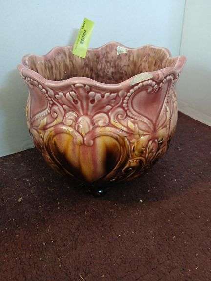 Pink and brown 9.5" jardinaire, has a chip on the backside image