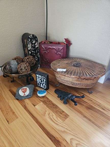 Decorations - Vintage Wood Carved Bowl, Wood Decor Balls in Bowl,  Decorative Flowers, Rocks image