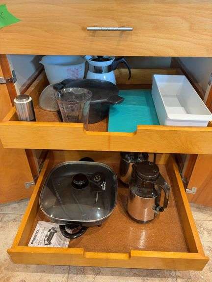Presto electric skillet, 8c batter bowl, cutting boards, Pampered Chef micro cooker, coffee carafe, etc “D” cupboard image