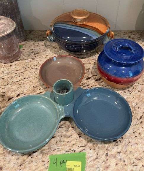 Two pieces SW colored pottery and INK “ikebana at home” tray with flower frog center image