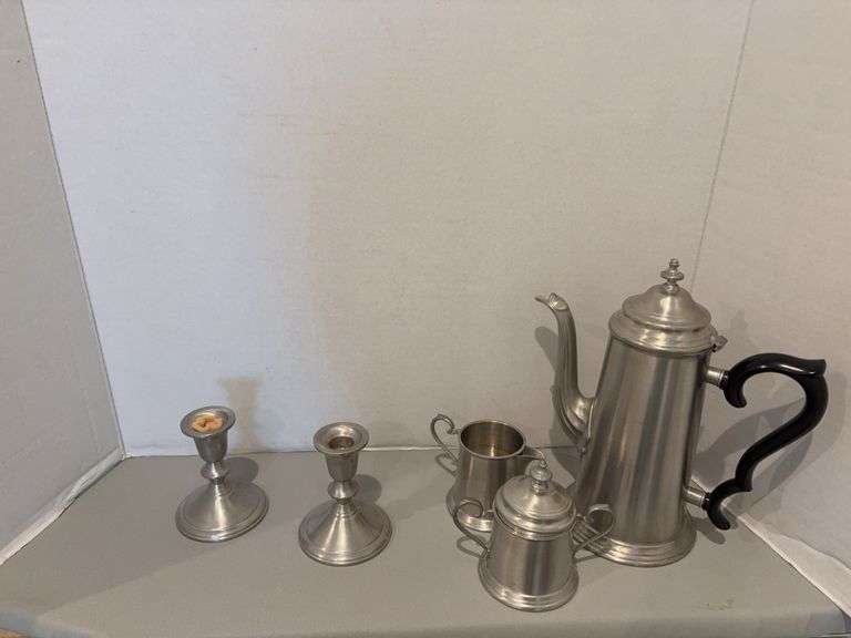 Pewter candle holders, cream & sugar, coffee pot image