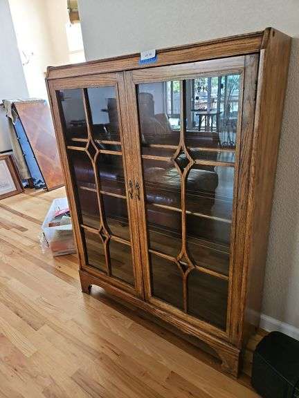 Vintage Oak Glass Front Cabinet, 40 x 11 x 52h image