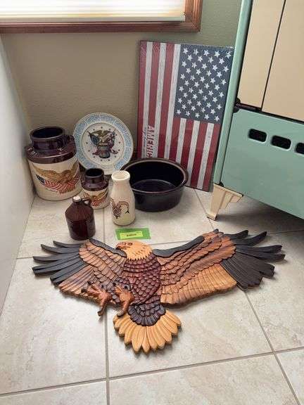 Wooden eagle, flag plaque and other patriotic items image