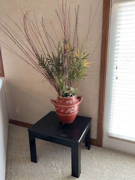 Dark square end table, pottery vase 15 1/2” tall image