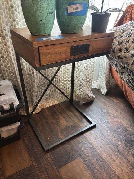Pair of matching wood and metal leg side table with drawer image