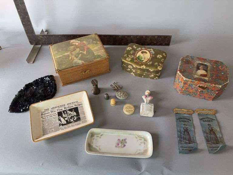 Vintage women’s jewelry boxes, thimbles, dresser trays, etc image