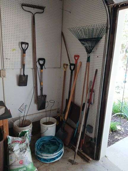 Yard tools, rakes, shovels, hoe, weeder, ice melt etc... image