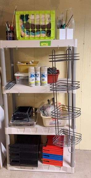 4 tier plastic shelf and contents-desk boxes, towels, painting supplies etc... image