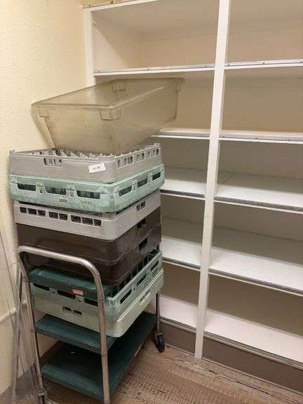 Roller cart, dish racks and plastic tub image
