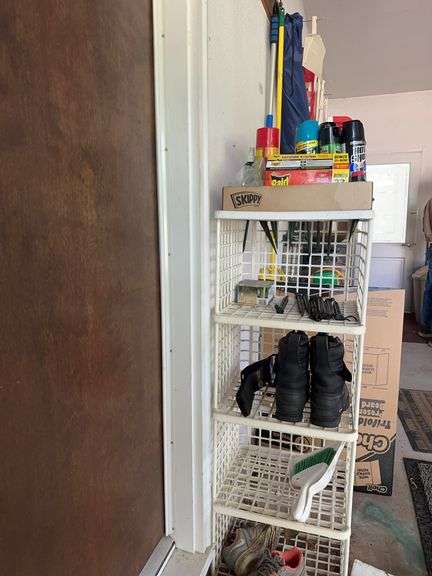 3 drawer plastic bin, crate style shelf, insect sprays, gloves etc...from corner to lot tag image