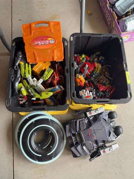 Action figures, Batman, car transformer type cars/people 2 small totes image