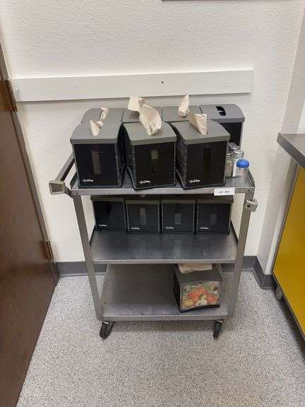 Stainless roller serving cart, napkins holders, salt and pepper shakers image