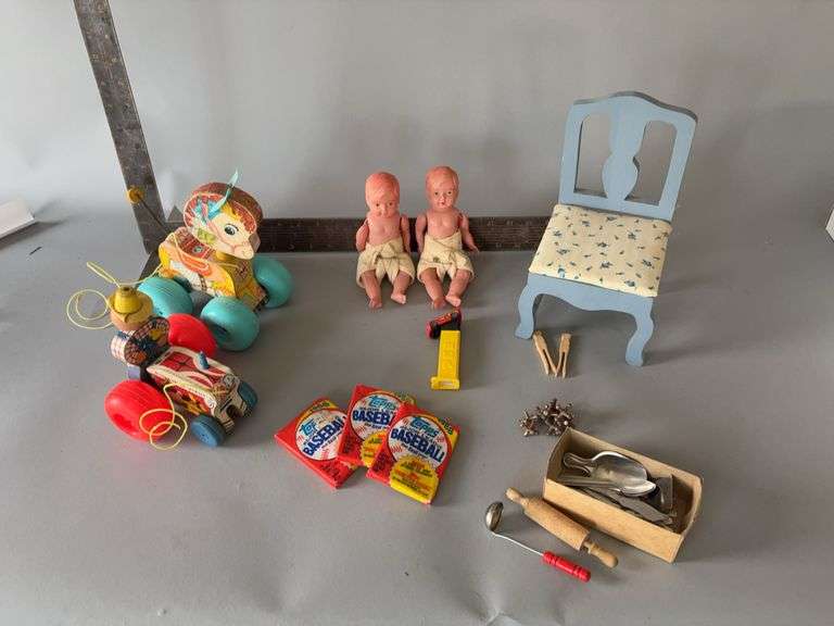 Kids toys includes FP pull toys, flatware, early plastic jointed dolls, etc image