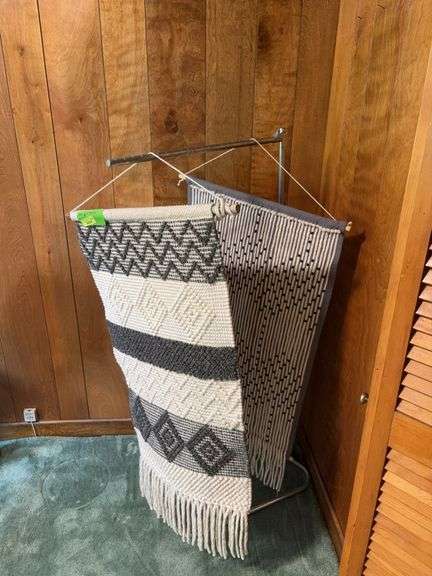 Two macrame style wall hangings and portable clothes hanger Hangings measure approx 24x45 image