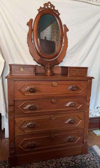 Walnut wishbone mirrored dresser, hanky drawers, fruit and nut pulls, 18D x 39L x 75H image