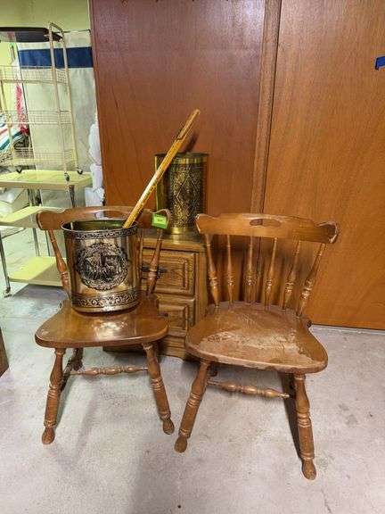2 hardrock maple dining chairs, 2 drawer nightstand, 2 trash cans image