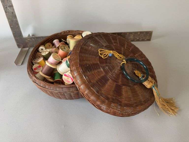 12” round sewing basket loaded with sewing notions image