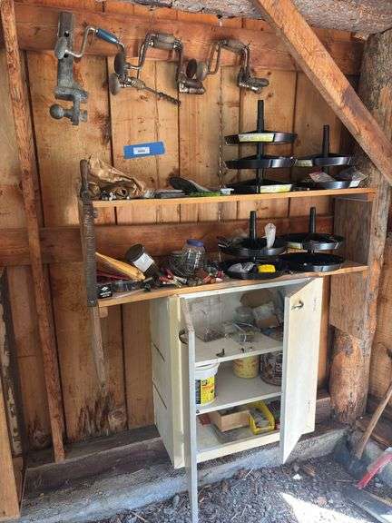 Nuts and bolt assortment caddies ,lots of shop items, hand brace & bit drills, receiver hitch image