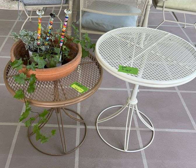 Two expanded metal tables 21x26 and 21x21 and terra cotta planter with two plants image