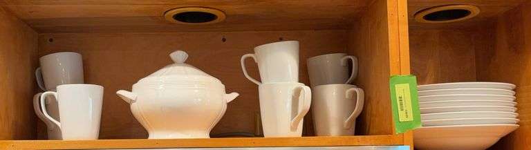 White dishes includes 8 pasta bowls, 8 coffee cups and a Mikasa covered bowl image