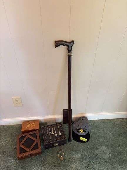 Iowa Hawkeyes hat, fancy walking stick, jewelry boxes and collectors spoons including three sterling silver image