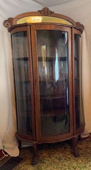 Triple curved glass oak china hutch with beveled mirror backsplash 14D x 39L x 69H image