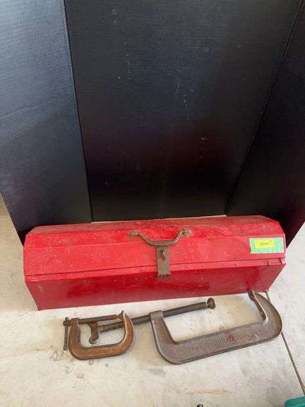 Large toolbox of tools and one HUGE “C” clamp and one regular size “C” clamp image