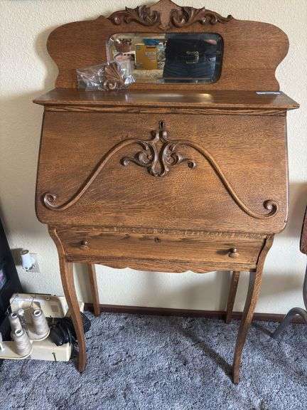 Antique oak drop front secretary 28 x 13 x 52 - missing finial piece included image