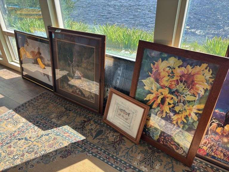 Five framed art pieces - sunflowers, Kudu, horses, wolf, trout image