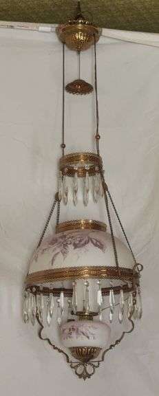 Hanging prism white shade lamp with hand painted font and shade, three matching rings, smoke bell, cord reel Has been electrified image