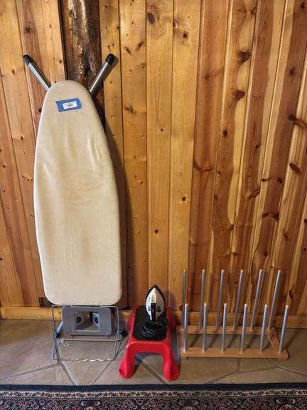 Heavy duty ironing board, boot rack, iron and step stool image