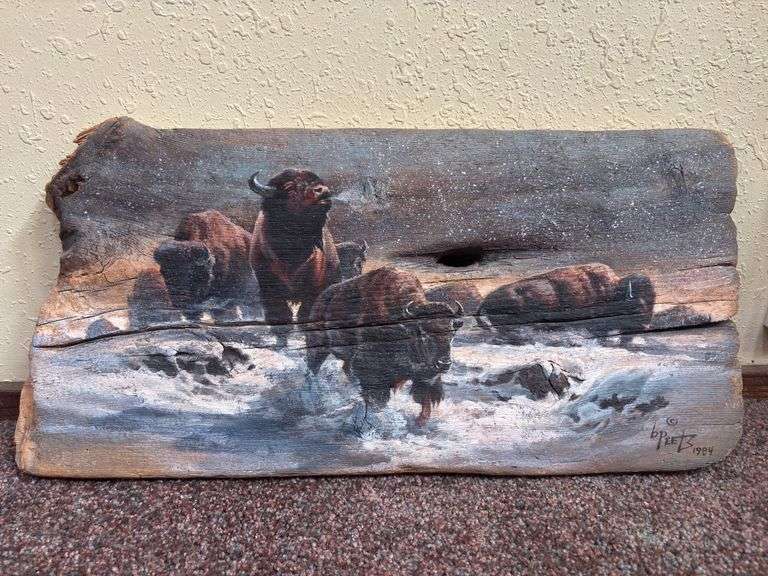 *ONE OF A KIND* Hand painted bison on driftwood by Barbara Peets signed 1984  - 23" x 12" image