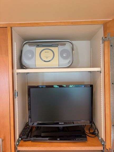 Sony boombox, Toshiba Blu-ray player w remote and Toshiba 19” flatscreen TV w remote image