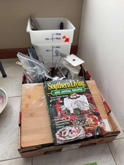 Kitchen utensils, containers, scale, cookbook image