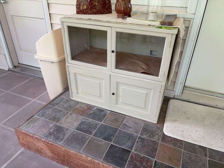 17D x 33L x 30H 2pc cabinet Glass doors on top, solid doors on bottom NO CONTENTS! image