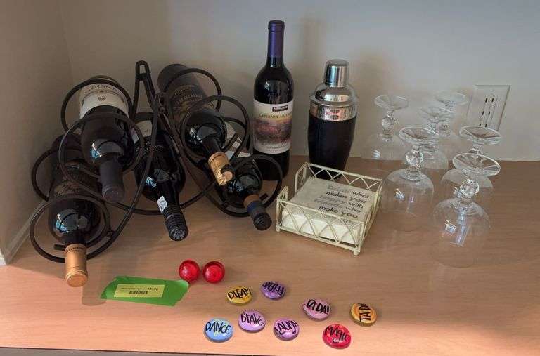 Stemware, drink shaker, decorative napkins and holder, bottle holder and bottles(may be short a bottle at time of pick up😉) image