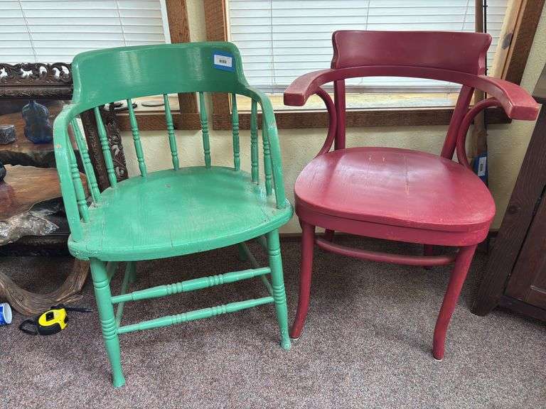 Two painted wood chairs - wrap around barrel style image