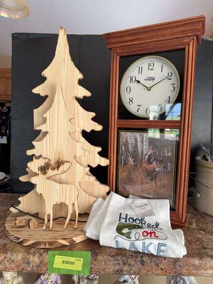 Whitetail clock, wood cutout moose and trees See phots for condition, a couple of the "branches" are broekn but there and can be reattached image