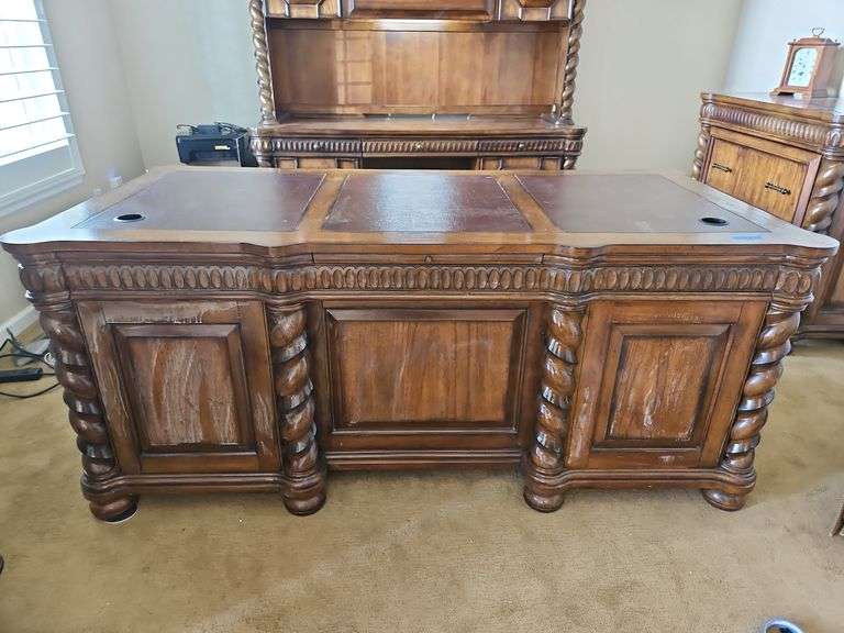 College Europa Desk, 74 x 35 x 31h check all photos. Some stain on finish-bring help to move image