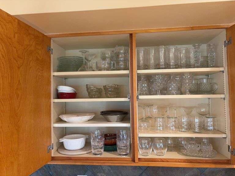 Drinking glasses, stemware, Fostoria goblets, plates, bowls, etc “A” cupboards image