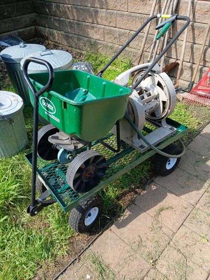 Metal bed yard wagon, broadcast spreader and hose reel image