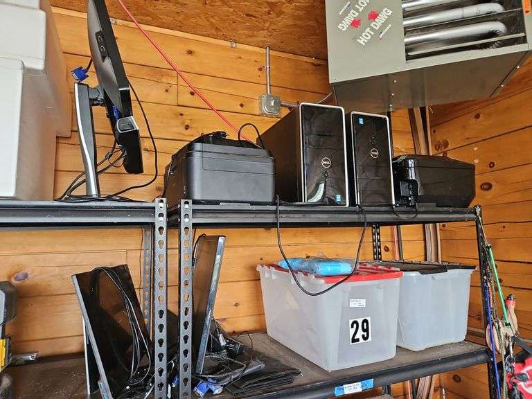 Dell Computers, Monitors,  Two Plastic Totes, Printers - Canon MX-492 and Canon MX-922 (Top Two Shelves on Shelving Units) image