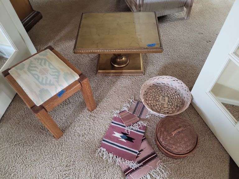 End Table, Stool, Handmade Basket w/lid, Southwestern mats image
