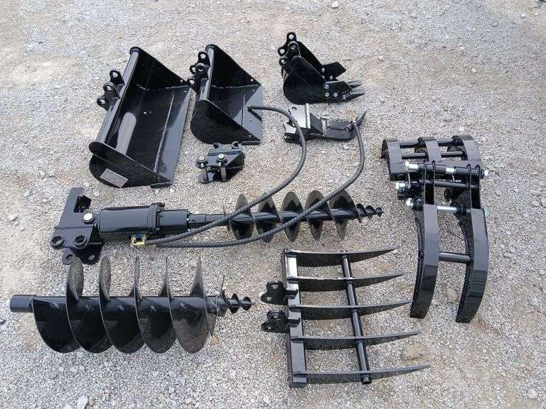 CFG, Mini Excavator Attachment, 12EX-ATA,  (1) 8 in Bucket, (1) 20in Bucket, (1) 32 in Bucket, (1) Quick Coupler, (1) Ripper, (1) Grapple,  (1) Rake, (1) 8 in Auger, (1) 12 in Auger, SOLON image