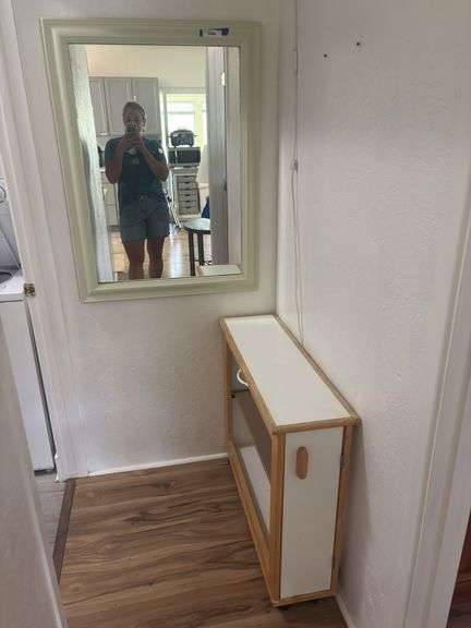 Large wall mirror, and open shelf image