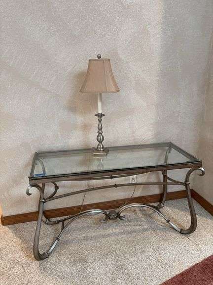 Glass/Metal sofa table 52x20x29, beveled glass, lamp image